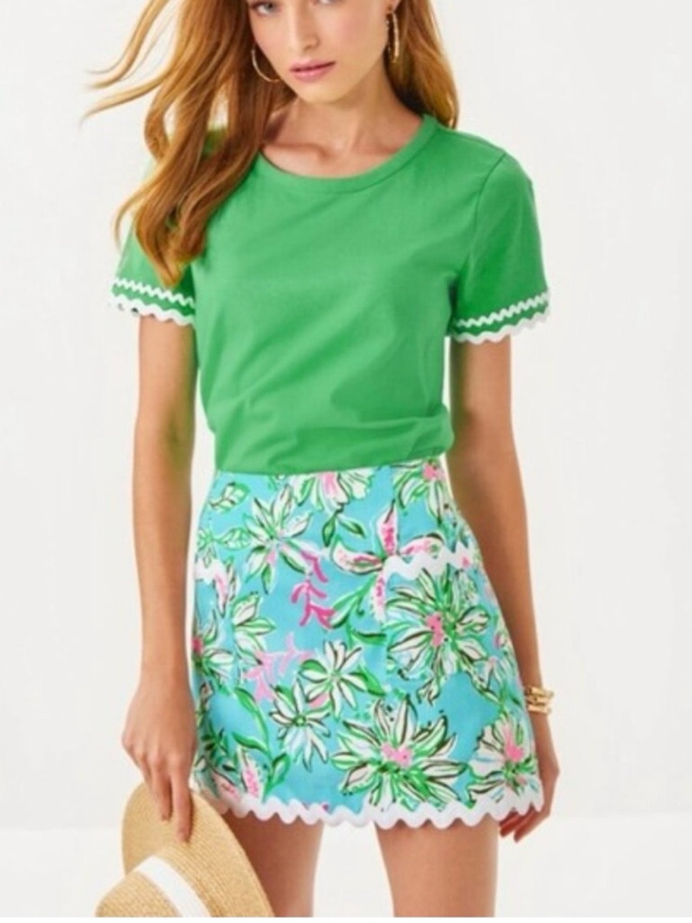 Lilly Pulitzer Bright Green Clairmont Top with White Ric Rac Trimmed Sleeves
